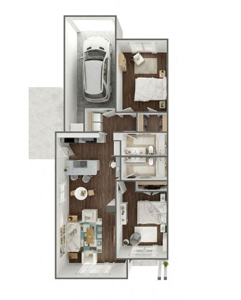 a floor plan of a residence with a car in the garage